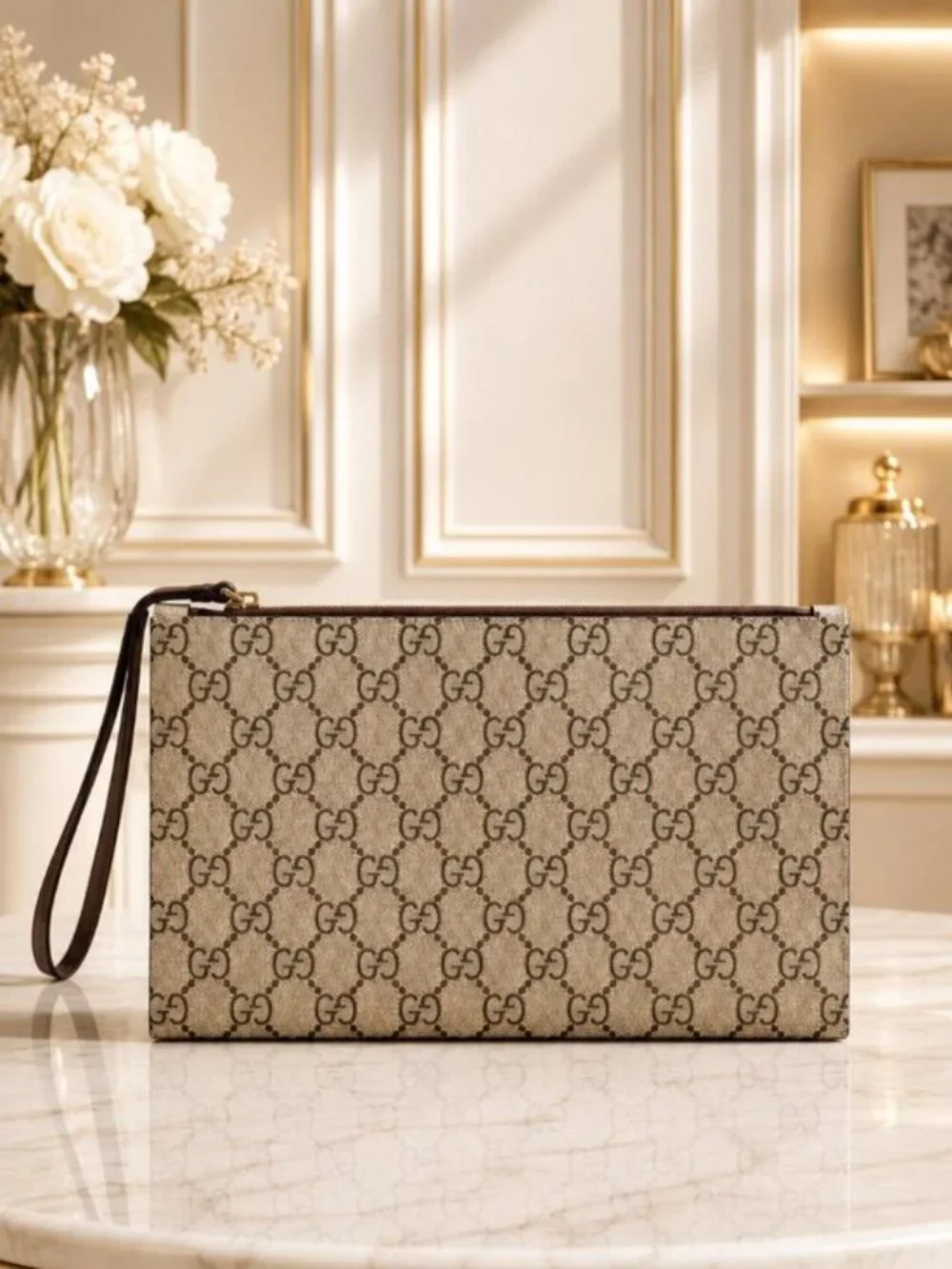 Authentic Gucci GG Supreme Canvas Wristlet Clutch Pouch Zip Bag